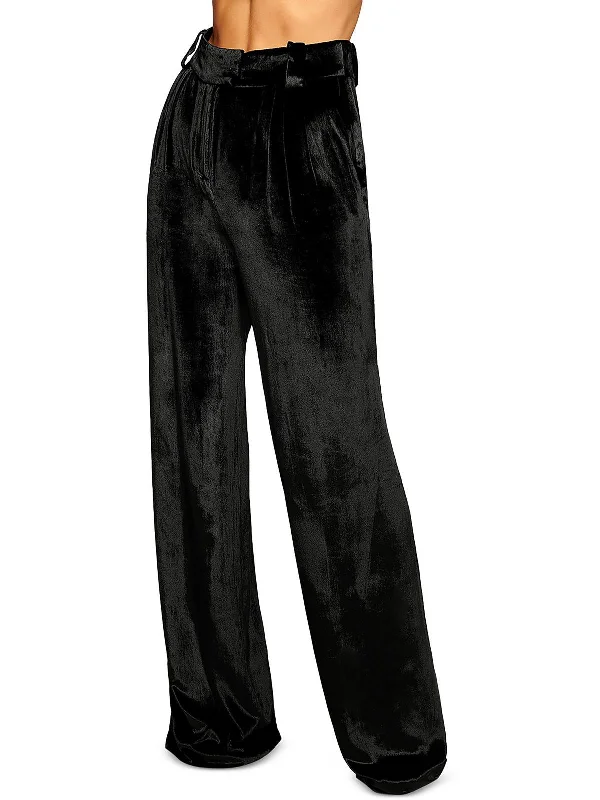 women's velvet pants -Marceline Womens Velvet High Rise Wide Leg Pants