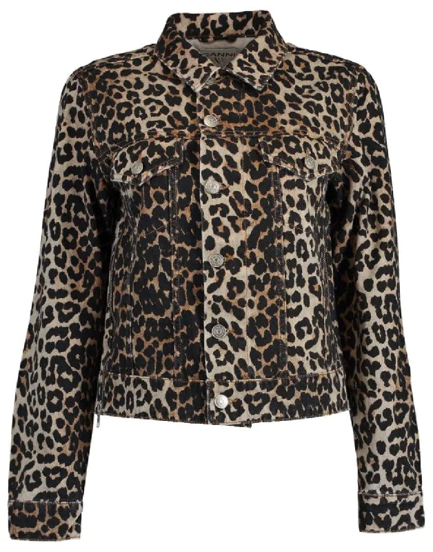 ladies' long puffers -Leopard Print Denim Jacket