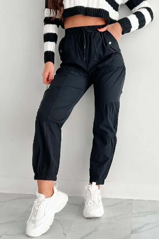 women's velvet pants -Stronger Today Shirred Jogger Pants (Black)