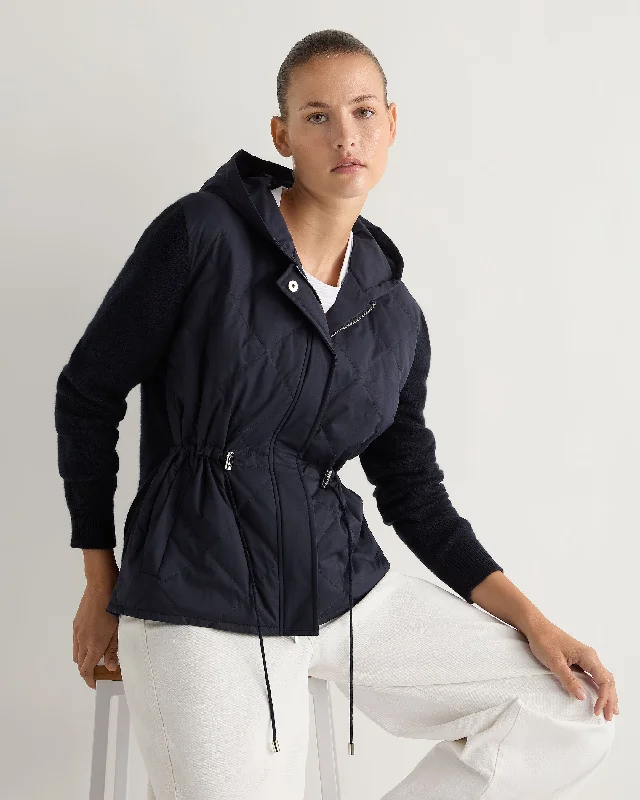 ladies' winter puffers -Women's Quilted Woven Mix Cashmere Jacket Navy Blue