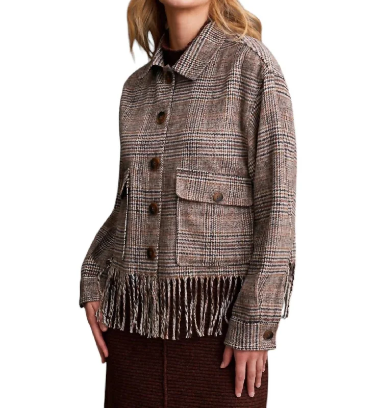 ladies' sherpa jackets -Crop Fringe Shacket In Brown