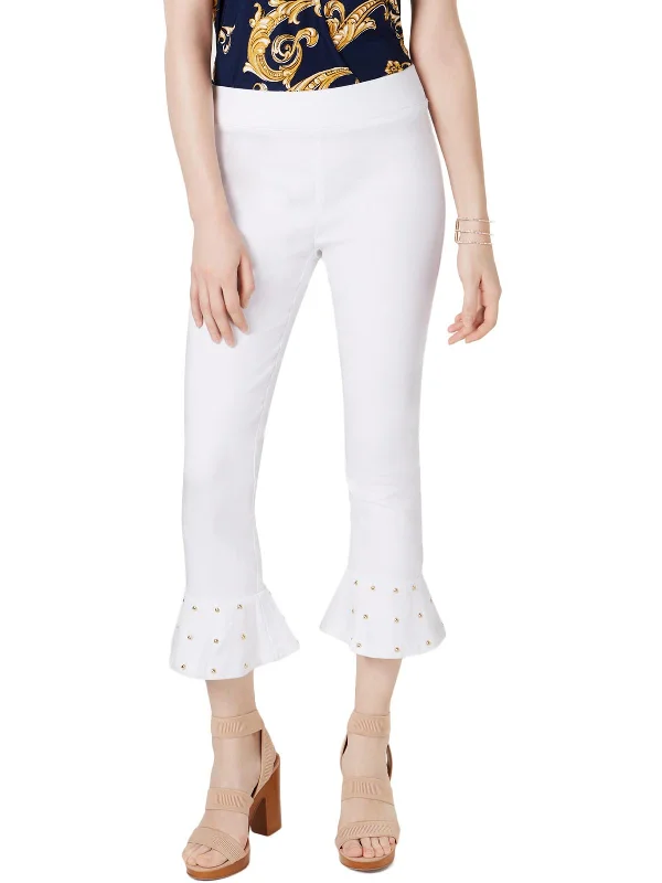 women's corduroy pants -Womens Studded Ruffle Hem Capri Pants