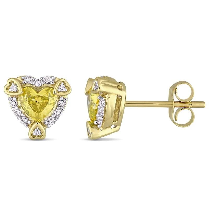 women's gothic earrings -3/4ct TDW Diamond Heart Halo Stud Earrings in 14k Yellow Gold by The Miadora Signature Collection