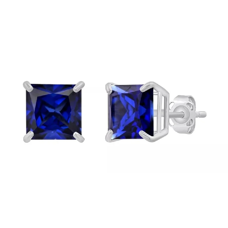 trendy tassel earrings for women -925 Sterling Silver Princess Cut Sapphire Stud Earrings