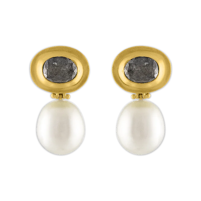 women's ombre earrings -Black Diamond and South Sea Pearl Masona Hinge Earrings