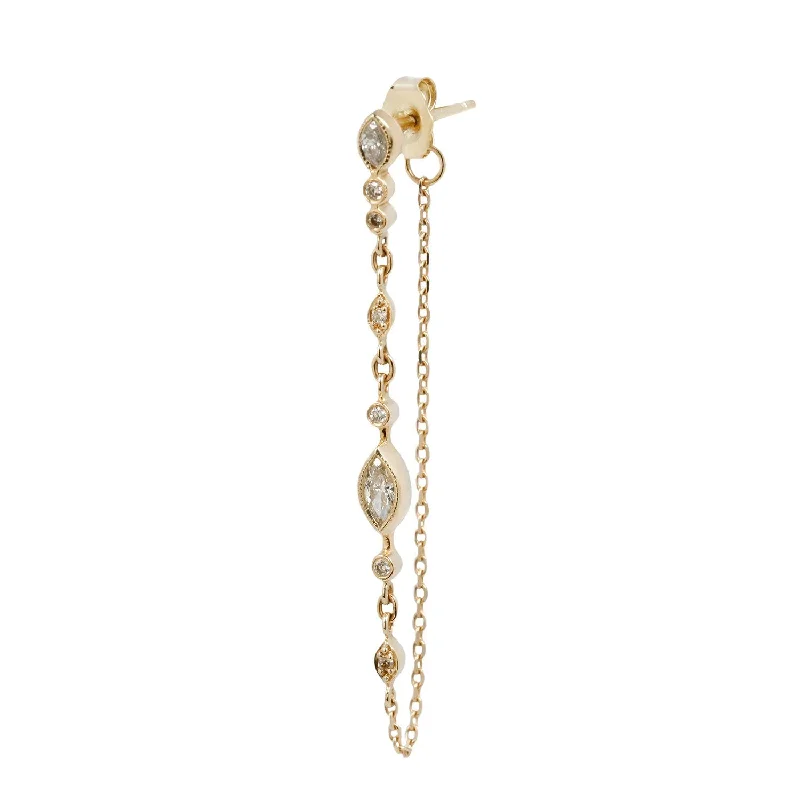 ladies' shell pearl earrings -Diamond Eyes Long Chain Stud