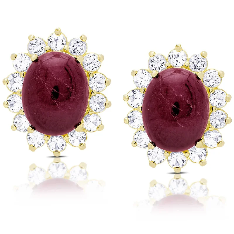 women's cubic zirconia earrings -Dolce Giavonna Gold Over Sterling Silver Oval Ruby and White Topaz Stud Earrings