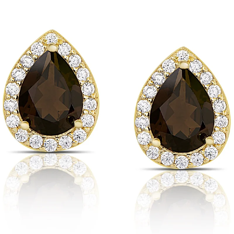 women's celestial earrings -Dolce Giavonna Gold over Sterling Silver Smokey Quartz and Cubic Zirconia Teardrop Stud Earrings - Brown