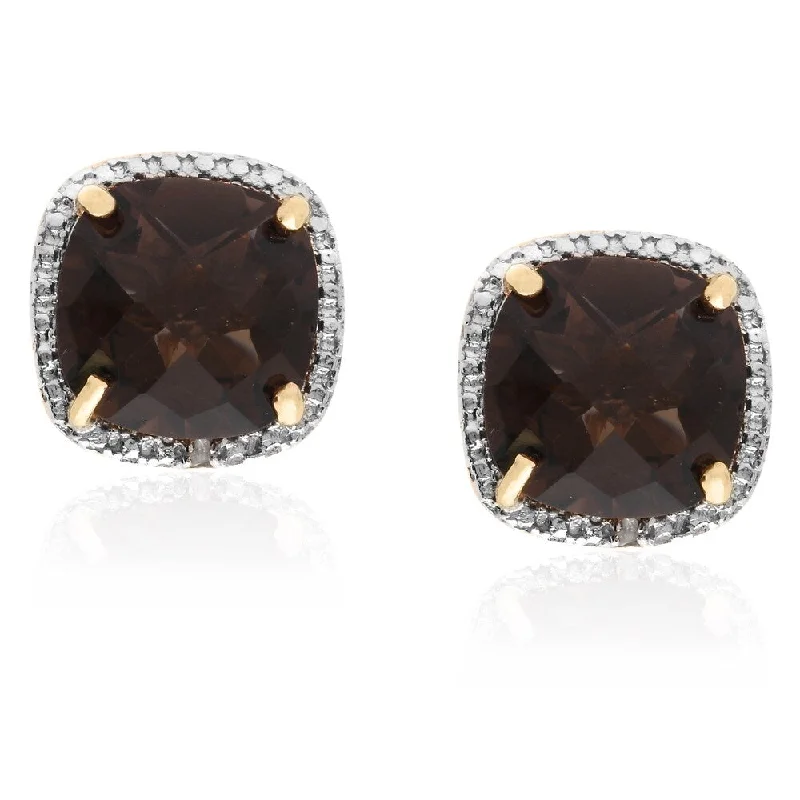 women's cluster earrings -Dolce Giavonna Gold over Sterling Silver Smokey Quartz and Diamond Accent Stud Earrings