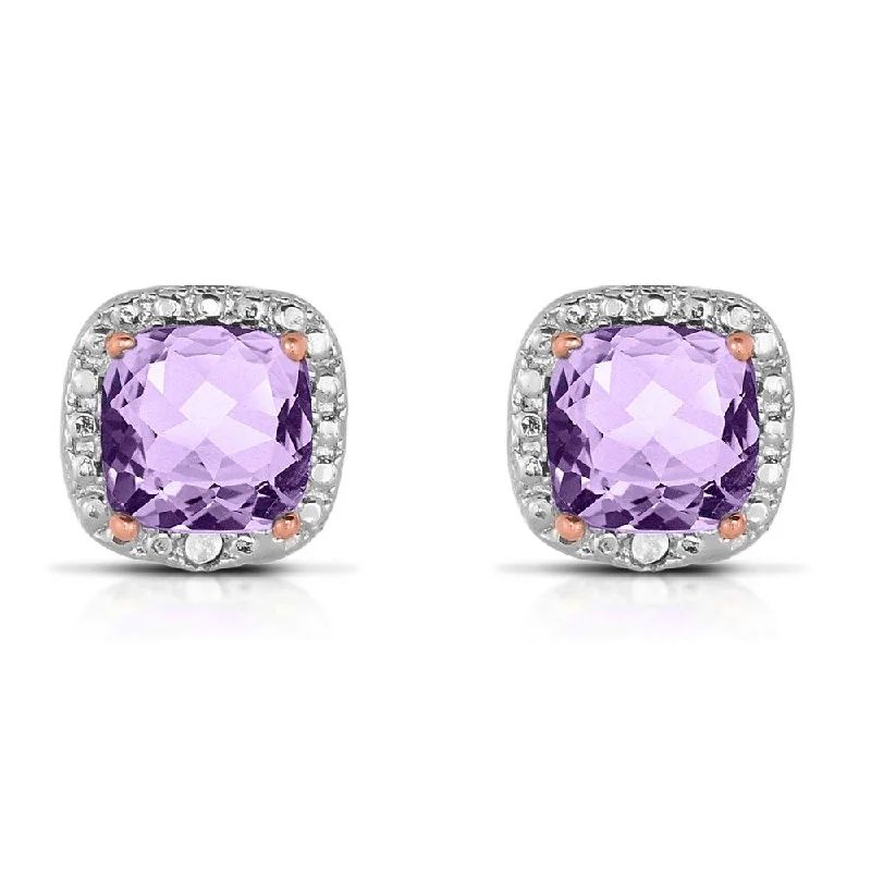 stylish clip-on earrings for women -Dolce Giavonna Sterling Silver Diamond Accent Square Amethyst Stud Earrings