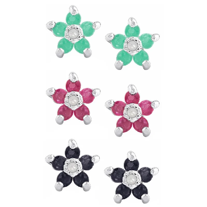 women's infinity earrings -Dolce Giavonna Sterling Silver Gemstone and Diamond Accent Flower Stud Earring Set