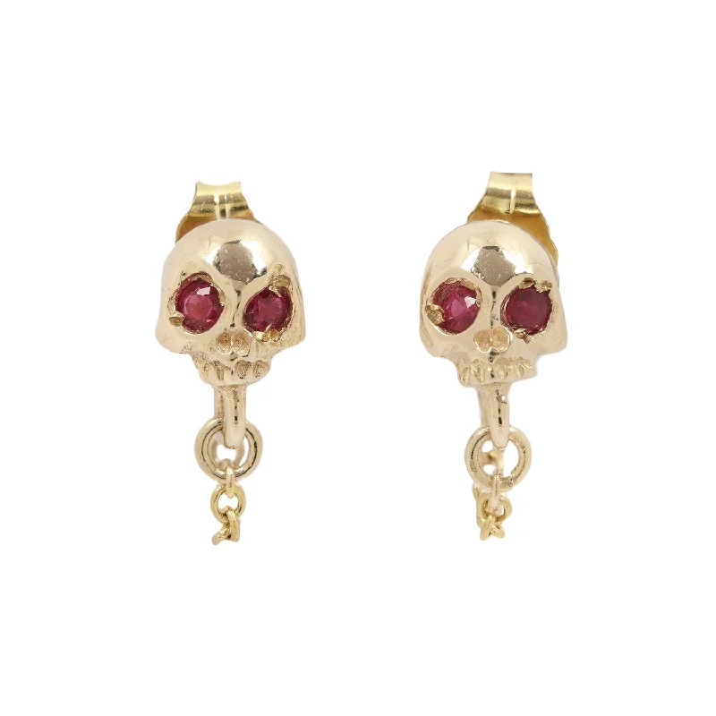 stylish stud earrings for women -Gold Ruby Skull & Chain Earrings