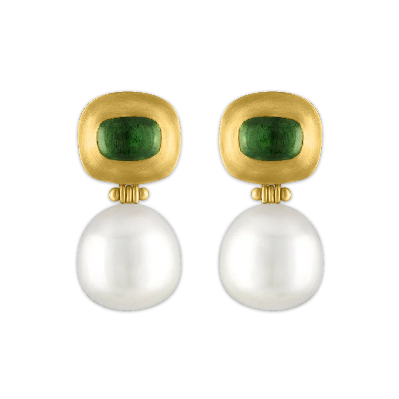 women's hoop earrings -Green Tourmaline and South Sea Pearl Masona Hinge Earrings