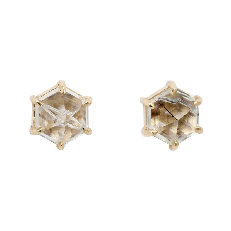 women's rose gold earrings -Large Quartz Hexagon Studs