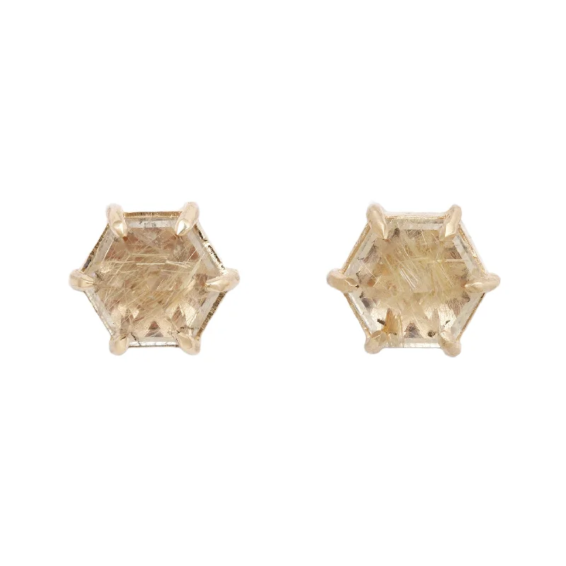 women's huggie earrings -Large Yellow Quartz Hexagon Studs