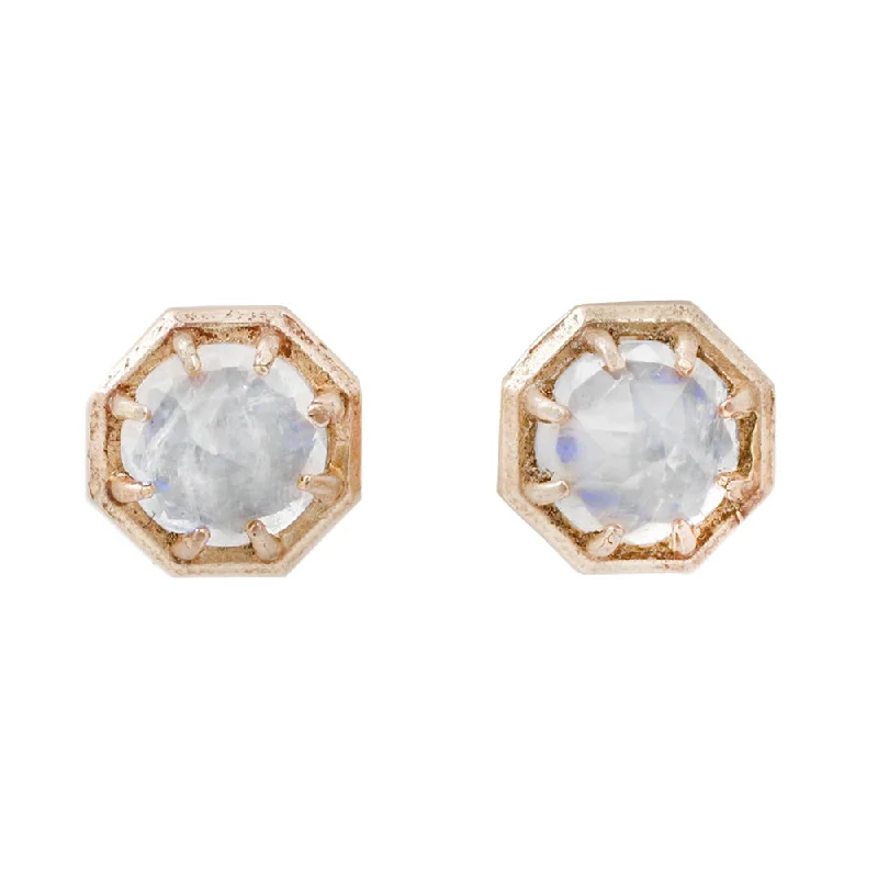 ladies' silver earrings -Gold Rainbow Moonstone Studs