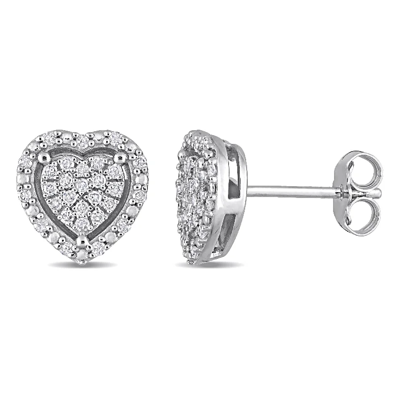 ladies' diamond earrings -Miadora 1/3ct TDW Diamond Clustered Halo Heart Stud Earrings in Sterling Silver