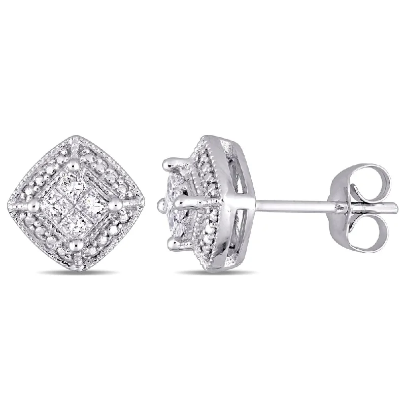 women's small hoop earrings -Miadora 10k White Gold 1/4ct TDW Princess-Cut Diamond Quad Halo Stud Earrings