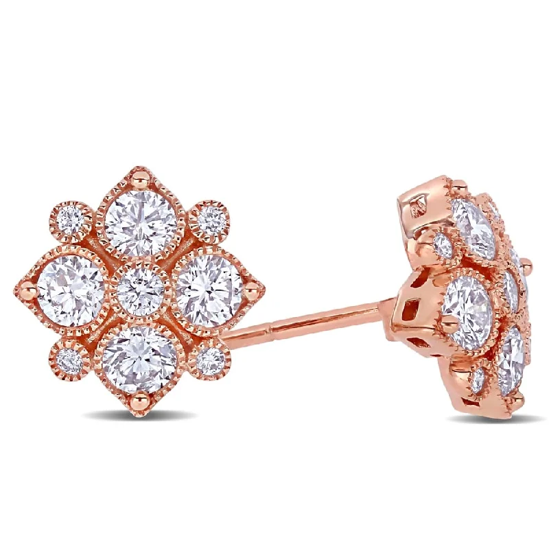 women's cubic earrings -Miadora 14k Rose Gold 1ct TDW Diamond Floral Geometric Cluster Stud Earrings