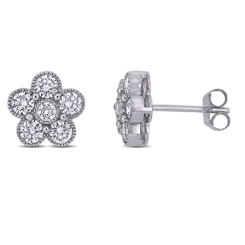 women's chain earrings -Miadora 14k White Gold 1ct TDW Diamond Flower Stud Earrings