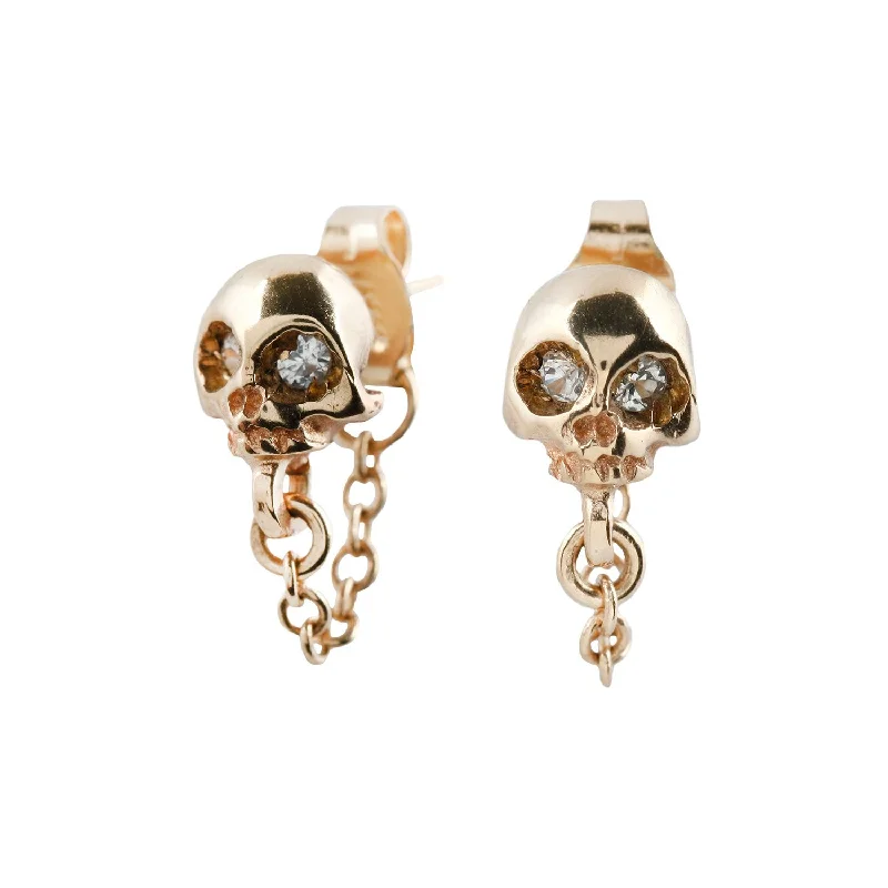 trendy stud earrings for women -Gold Skull + Chain Earrings