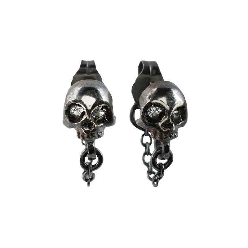 trendy pearl earrings for women -Silver Skull + Chain Earrings