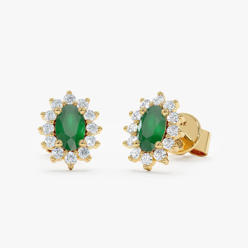 women's small stud earrings -Oval Emerald Halo Diamond Studs, Roselyn