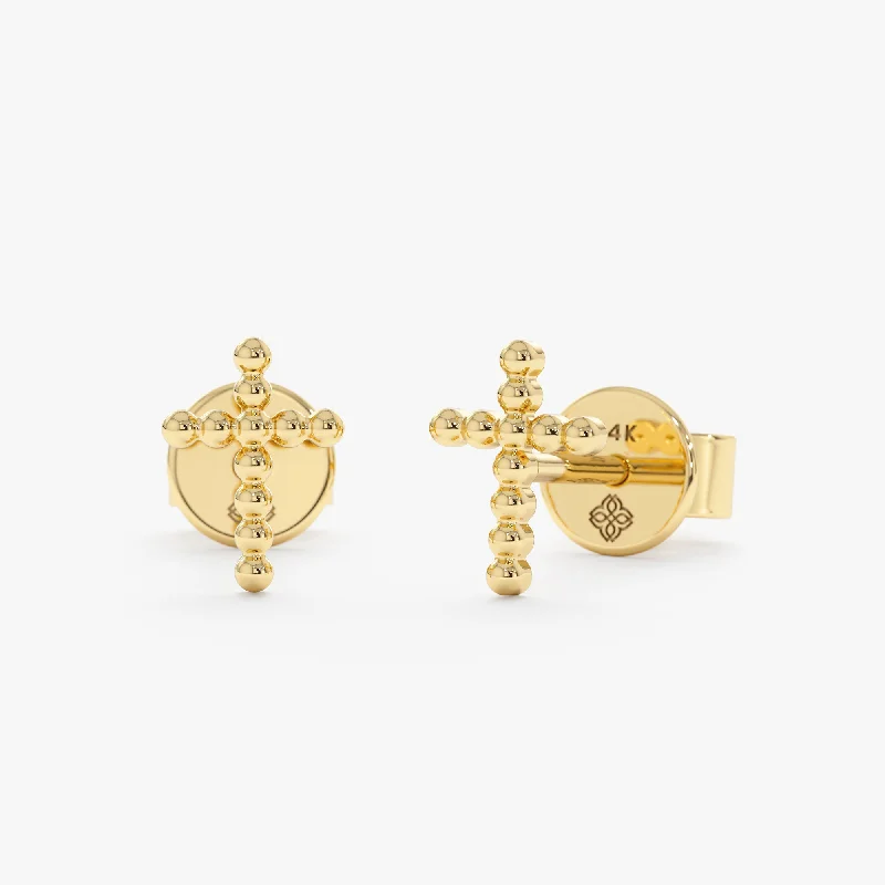 women's vintage earrings -Solid Gold Beaded Cross Studs, Miriam