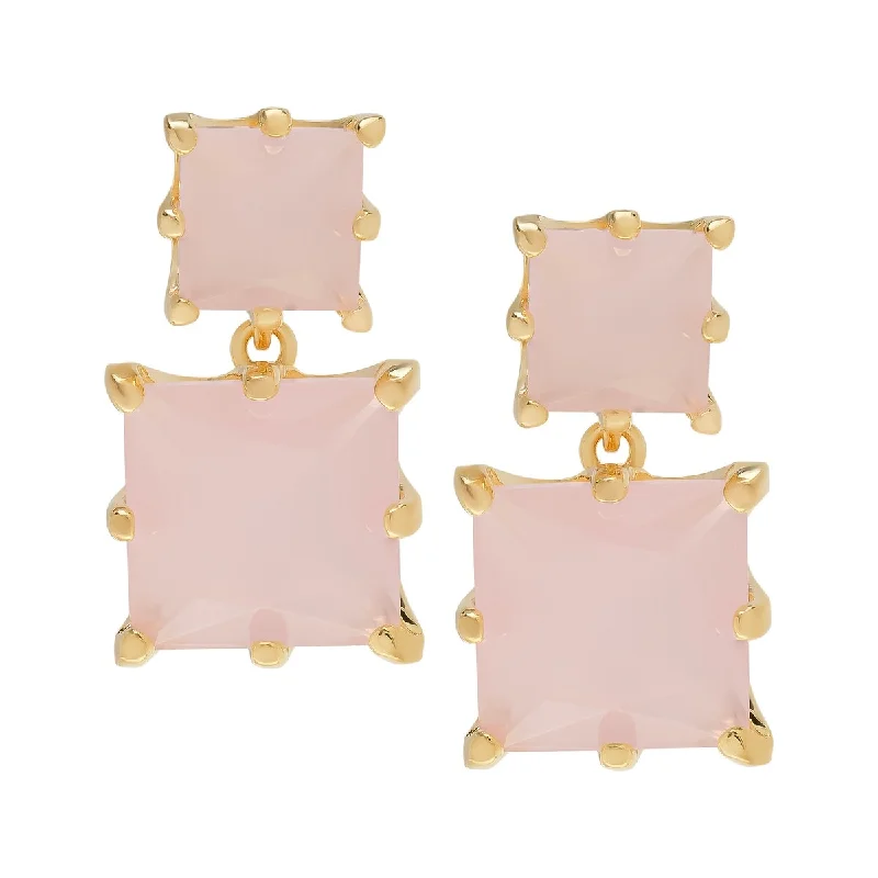 trendy rose gold earrings for women -Victoria Townsend Gold Plated Simulated Rose Quartz Double Square Stud Earrings