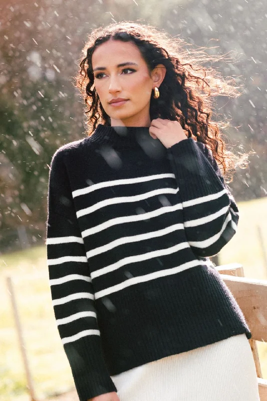 women's fitted tops -Alaska Black Stripe Funnel Neck Knit Jumper