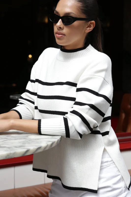 casual tank tops for women -Ardent White Stripe Funnel Neck Jumper