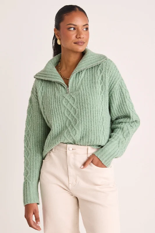 ladies' peplum tops -Axis Sage Quarter Zip Knit Jumper