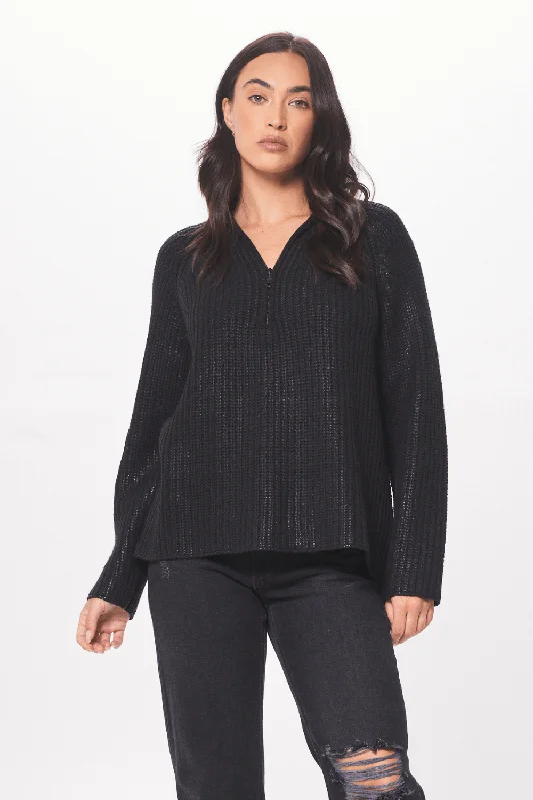 women's cowl neck tops -Black Coated Quarter Zip Sweater