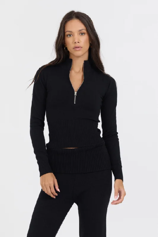 casual summer tops for women -Black Slim Fit Knit Quarter Zip