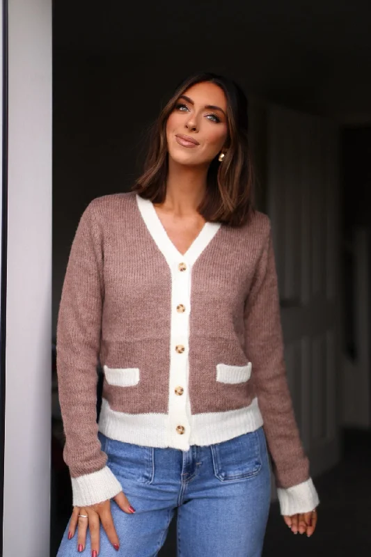 women's ribbed knit tops -Brown Two Tone Button Up Cardigan