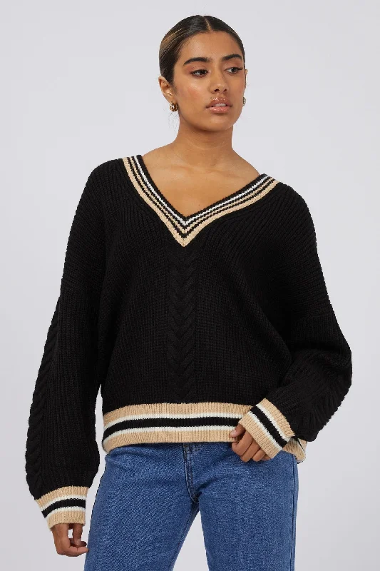 women's metallic tops -Burkley Black Oat Varsity Knit