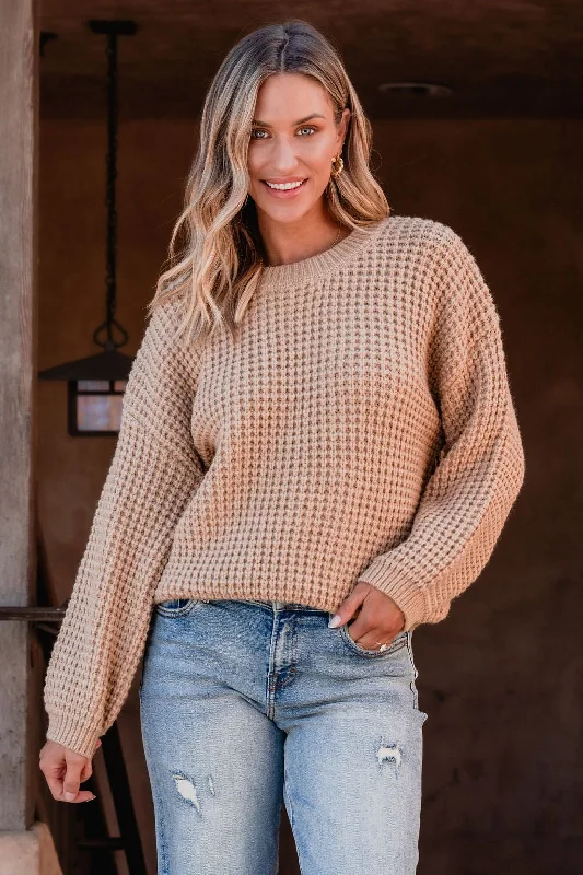 women's color block tops -Camel Ribbed Waffle Knit Sweater