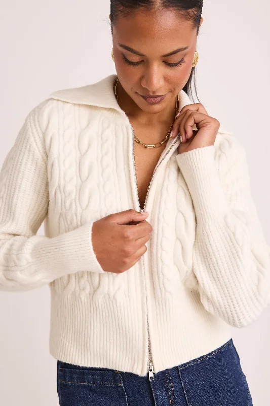 ladies' business casual tops -Central Ivory Zip Through Knit Jumper