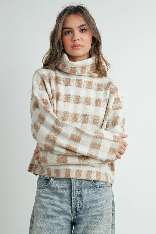 women's bell sleeve tops -Checkered Turtleneck Sweater