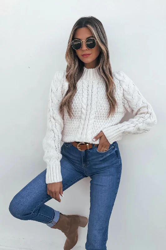 comfortable tops for women -Chunky Light Cream Mock Neck Sweater