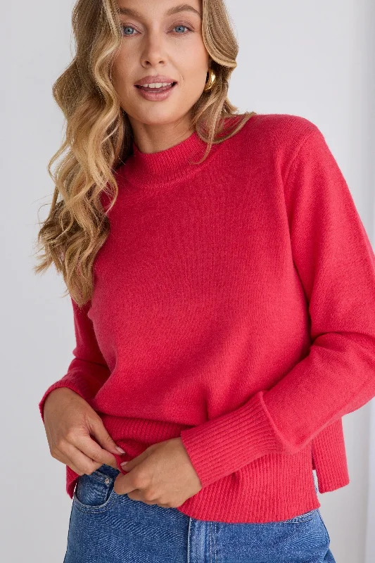 women's bell sleeve tops -Cloud Coral Funnel Neck Knit Jumper