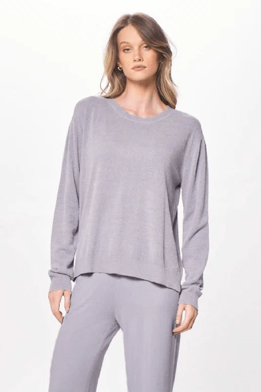 women's metallic tops -Cool Grey Plush Knit Crewneck