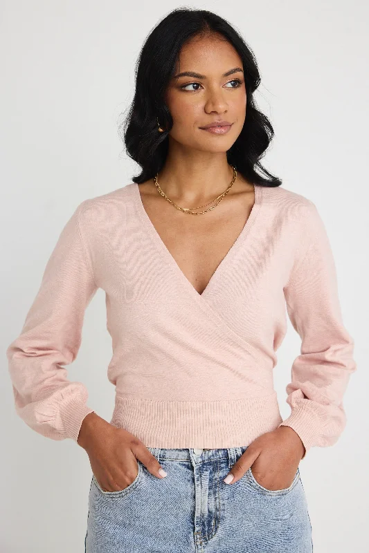 ladies' slit sleeve tops -Cross My Heart Blush Ballerina Fine Knit Wrap Cardigan