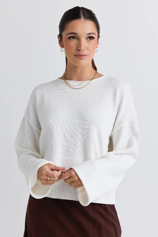 women's western-style tops -Daytime Ivory LS Cotton Jumper