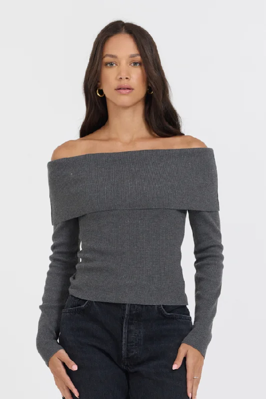 women's button-down shirts -Heather Charcoal Off Shoulder Sweater