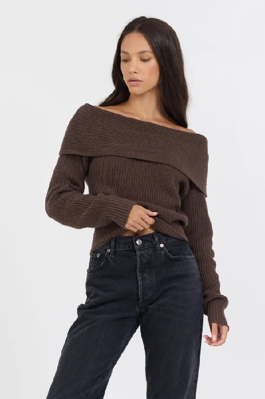 women's formal blouses -Espresso Off ShoulderBack Zip Sweater