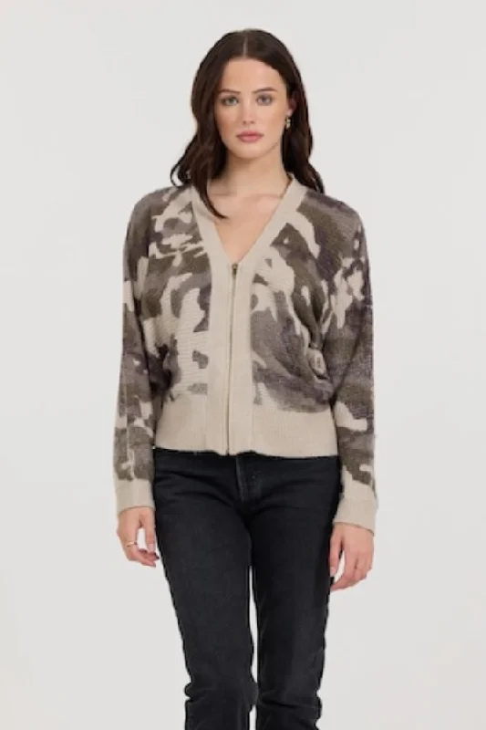 ladies' oversized shirts -Forest Fog Camo Zip Up Sweater