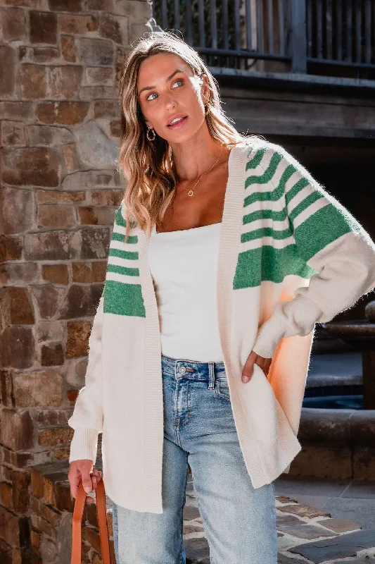 soft knit tops for women -Fuzzy Half Striped Open Front Cardigan - Cream