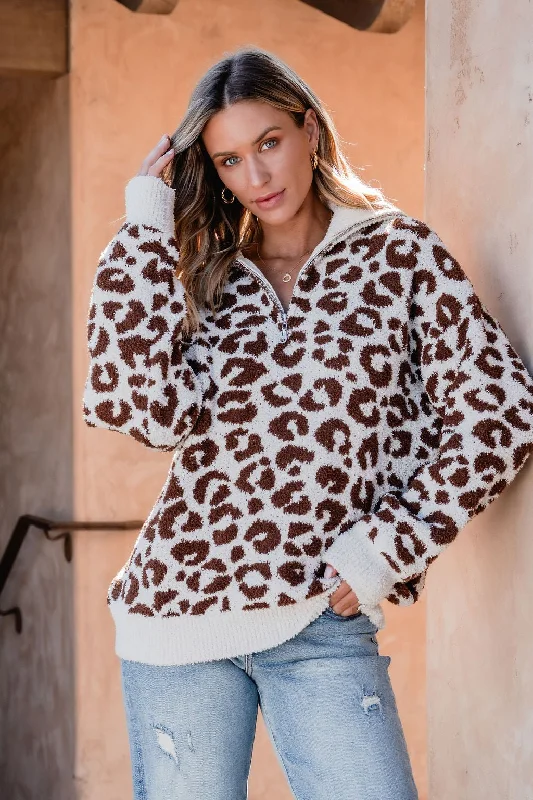 ladies' oversized sweatshirts -Fuzzy Tan Leopard Print Zip Up Sweater