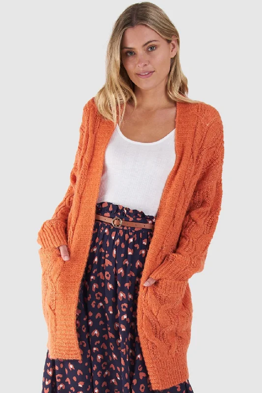 women's summer crop tops -Grace Papaya Orange Cable Knit Longline Cardigan